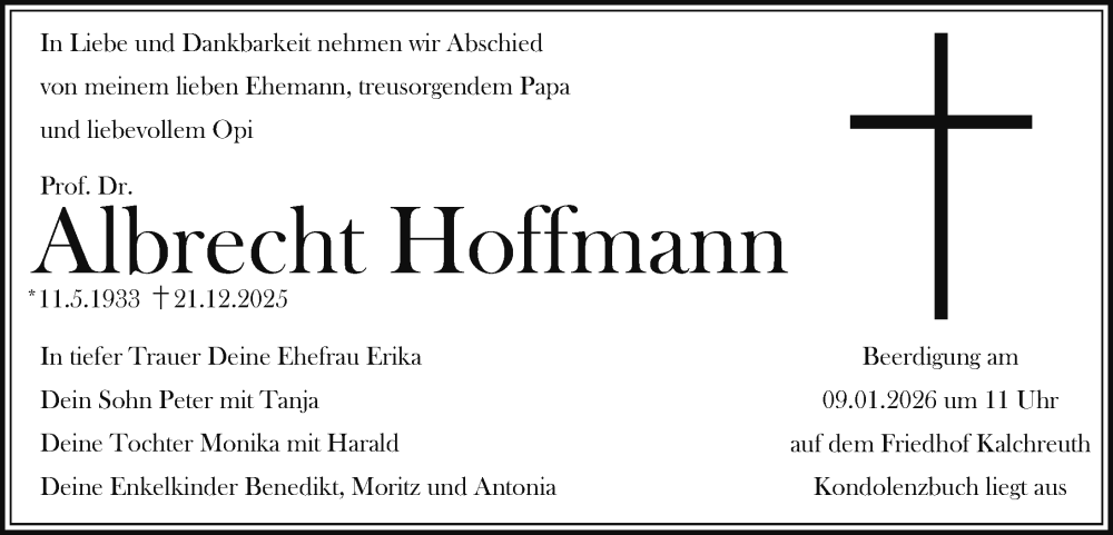  Traueranzeige für Albrecht Hoffmann vom 03.01.2026 aus Gesamtausgabe Nürnberger Nachrichten/ Nürnberger Ztg.