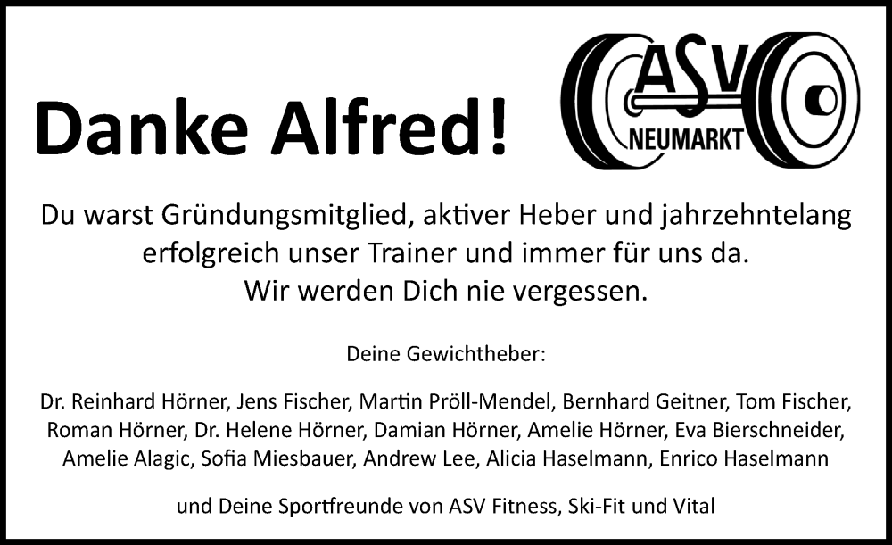  Traueranzeige für Alfred  vom 17.01.2026 aus Neumarkter Nachrichten Lokal