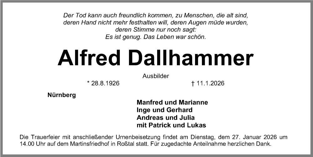  Traueranzeige für Alfred Dallhammer vom 24.01.2026 aus Gesamtausgabe Nürnberger Nachrichten/ Nürnberger Ztg./ Fürther Nachrichten