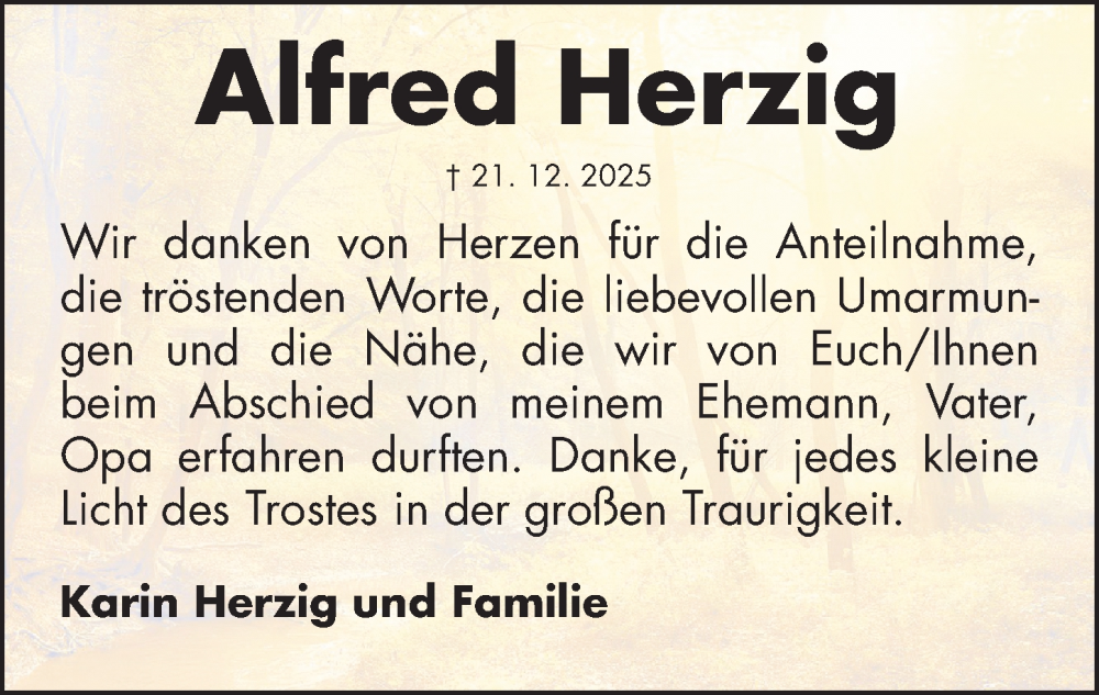  Traueranzeige für Alfred Herzig vom 10.01.2026 aus Schwabacher Tagblatt Lokal