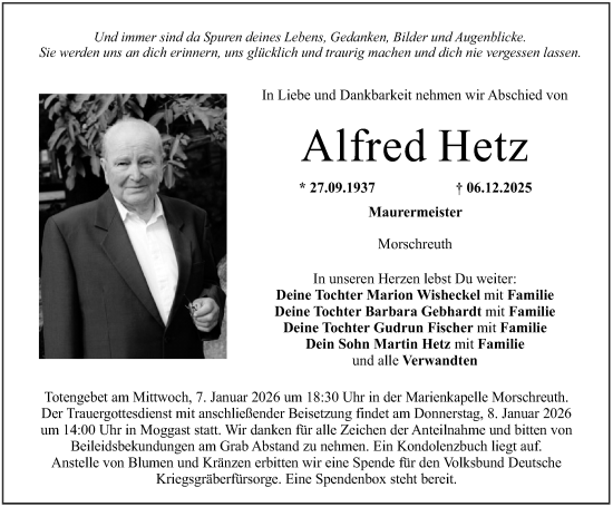 Traueranzeige von Alfred Hetz von Nordbayerische Nachrichten Forchheim Lokal