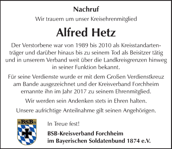 Traueranzeige von Alfred Hetz von Nordbayerische Nachrichten Forchheim Lokal