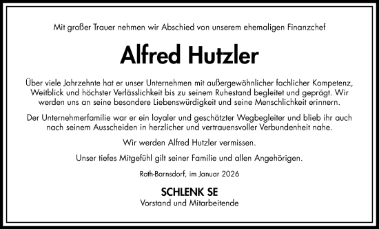 Traueranzeige von Alfred Hutzler von Roth-Hilpoltsteiner Volkszeitung Lokal