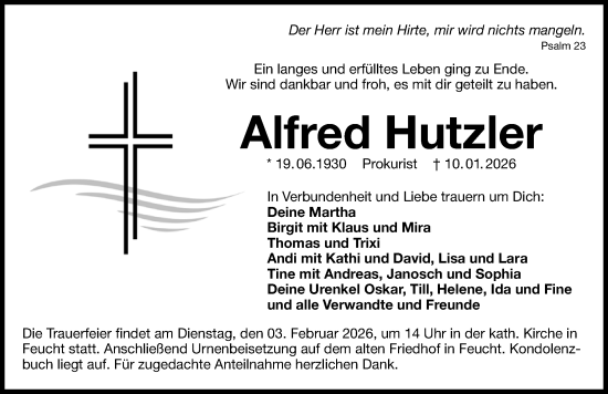 Traueranzeige von Alfred Hutzler von Gesamtausgabe Nürnberger Nachrichten/ Nürnberger Ztg.