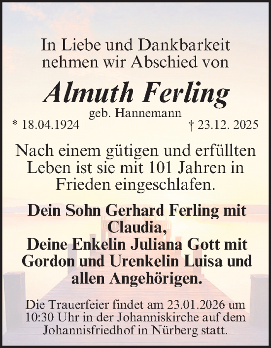 Traueranzeige von Almuth Ferling von Gesamtausgabe Nürnberger Nachrichten/ Nürnberger Ztg.