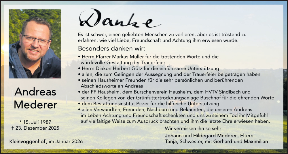  Traueranzeige für Andreas Mederer vom 24.01.2026 aus Neumarkter Nachrichten Lokal