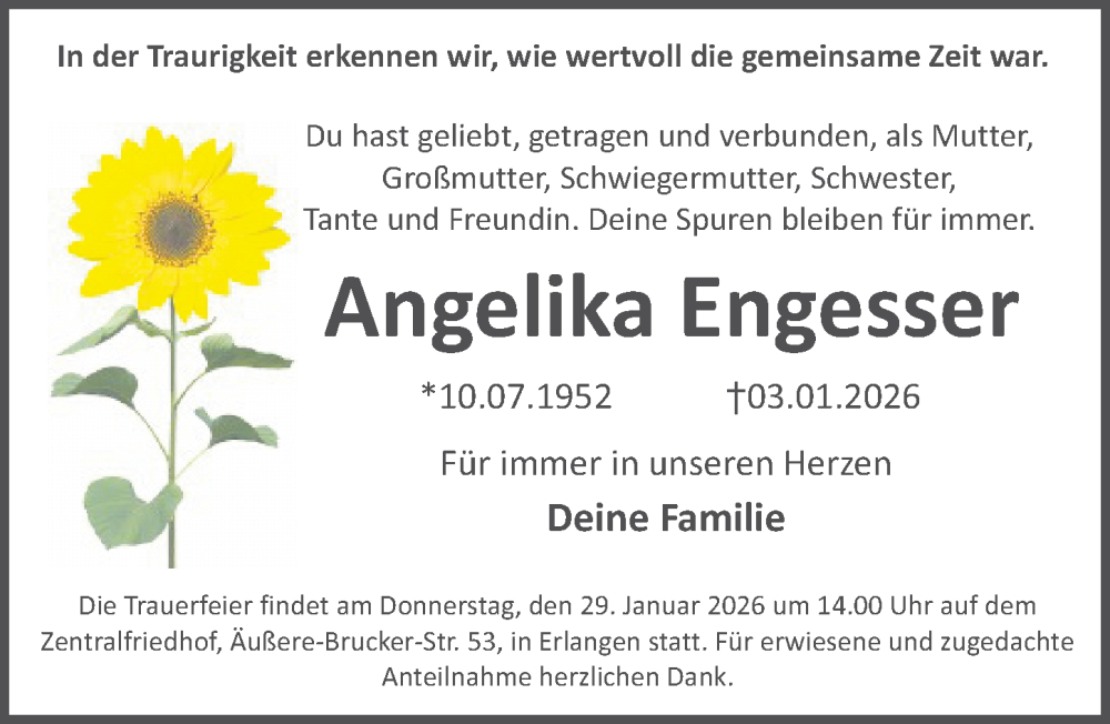  Traueranzeige für Angelika Engesser vom 17.01.2026 aus Gesamtausgabe Nürnberger Nachrichten/ Nürnberger Ztg.