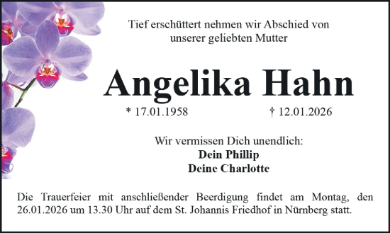 Traueranzeige von Angelika Hahn von Gesamtausgabe Nürnberger Nachrichten/ Nürnberger Ztg.
