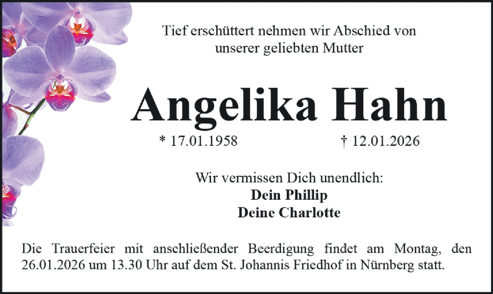  Traueranzeige für Angelika Hahn vom 21.01.2026 aus Gesamtausgabe Nürnberger Nachrichten/ Nürnberger Ztg.
