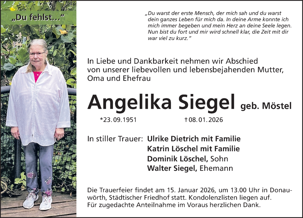  Traueranzeige für Angelika Siegel vom 13.01.2026 aus Altmühl-Bote Lokal