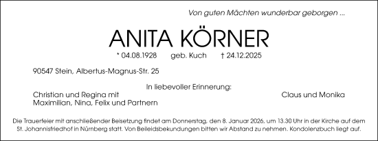 Traueranzeige von Anita Körner von Gesamtausgabe Nürnberger Nachrichten/ Nürnberger Ztg.