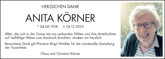 Traueranzeige von Anita Körner von Gesamtausgabe Nürnberger Nachrichten/ Nürnberger Ztg.