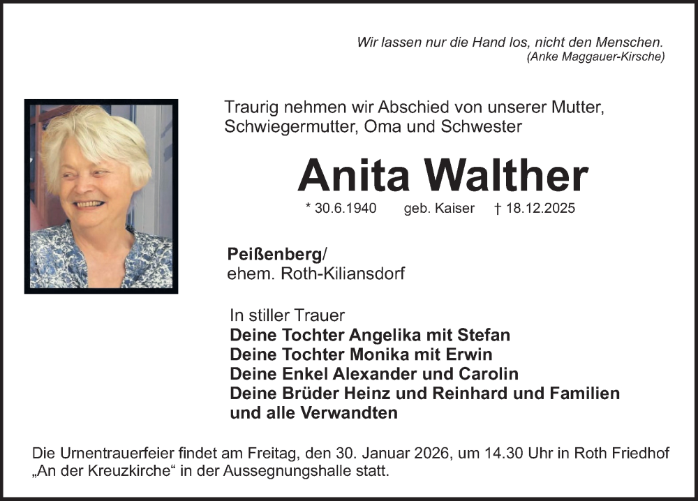  Traueranzeige für Anita Walther vom 24.01.2026 aus Roth-Hilpoltsteiner Volkszeitung Lokal