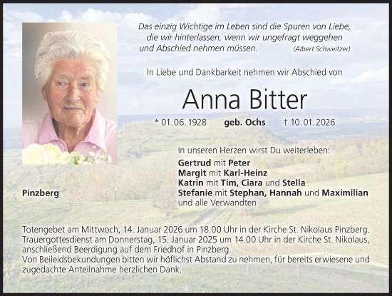 Traueranzeige von Anna Bitter von Nordbayerische Nachrichten Forchheim Lokal