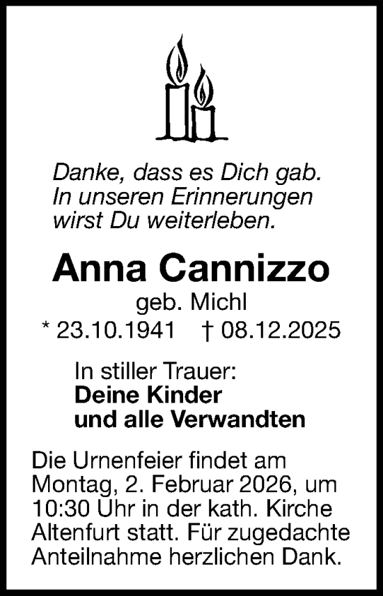 Traueranzeige von Anna Cannizzo von Gesamtausgabe Nürnberger Nachrichten/ Nürnberger Ztg.