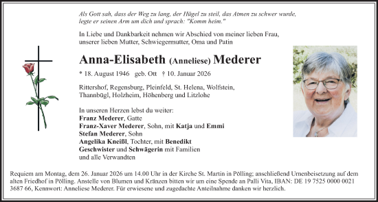 Traueranzeige von Anna-Elisabeth Mederer von Neumarkter Nachrichten Lokal