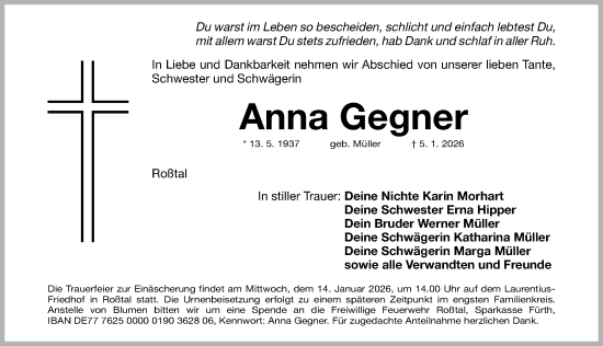Traueranzeige von Anna Gegner von Fürther Nachrichten Lokal