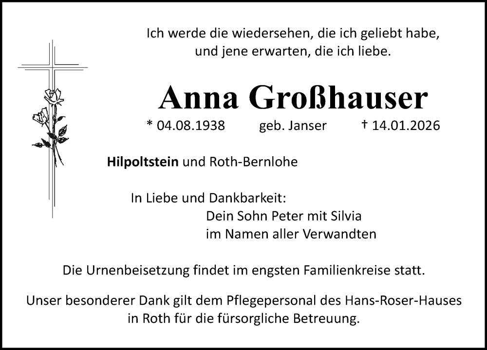  Traueranzeige für Anna Großhauser vom 17.01.2026 aus Roth-Hilpoltsteiner Volkszeitung Lokal