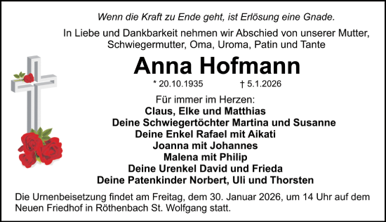Traueranzeige von Anna Hofmann von Schwabacher Tagblatt Lokal
