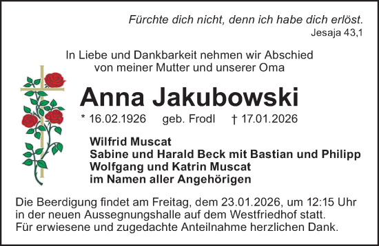 Traueranzeige von Anna Jakubowski von Gesamtausgabe Nürnberger Nachrichten/ Nürnberger Ztg.