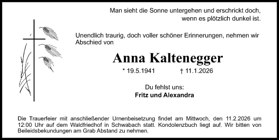 Traueranzeige von Anna Kaltenegger von Schwabacher Tagblatt Lokal