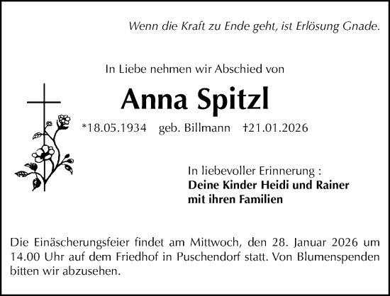Traueranzeige von Anna Spitzl von Gesamtausgabe Nürnberger Nachrichten/ Nürnberger Ztg./ Fürther Nachrichten