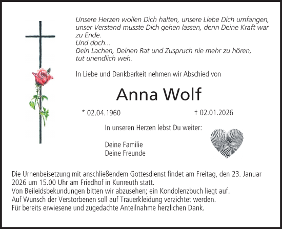 Traueranzeige von Anna Wolf von Nordbayer. Nachrichten Forchheim/ Erlanger Nachrichten