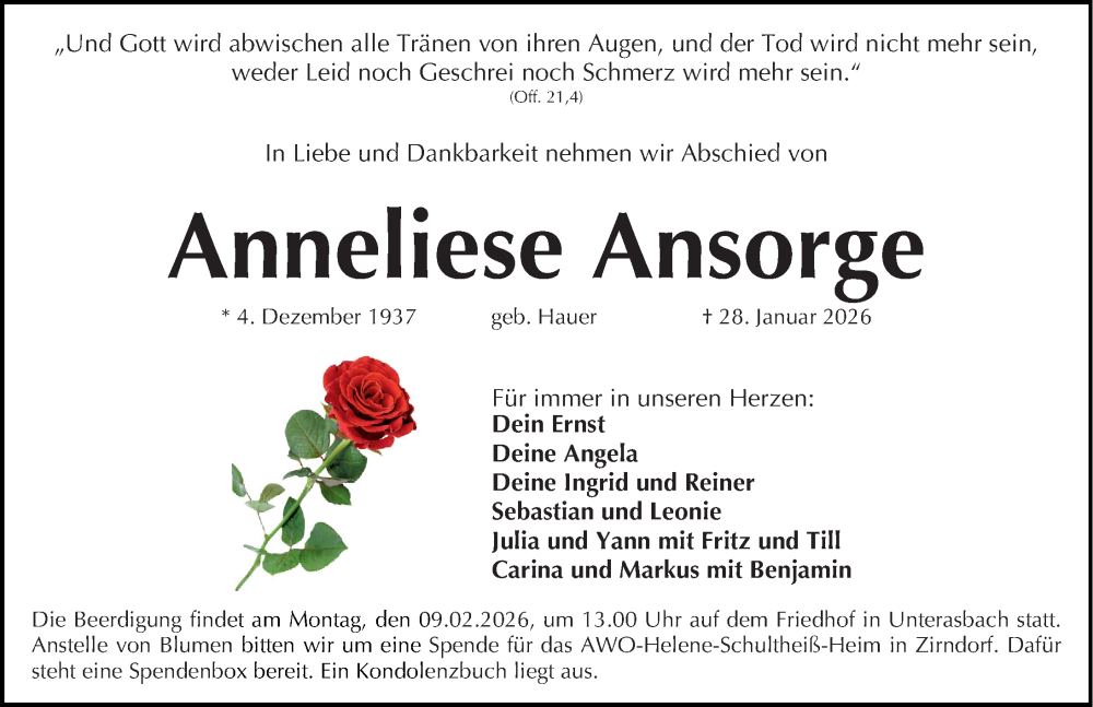  Traueranzeige für Anneliese Ansorge vom 31.01.2026 aus Fürther Nachrichten Lokal