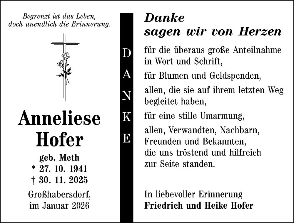  Traueranzeige für Anneliese Hofer vom 17.01.2026 aus Fürther Nachrichten Lokal
