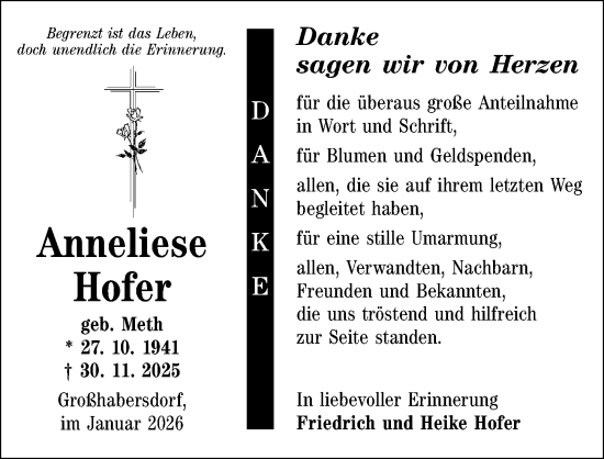 Traueranzeige von Anneliese Hofer von Neumarkter Nachrichten Lokal