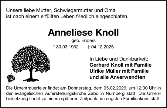 Traueranzeige von Anneliese Knoll von Gesamtausgabe Nürnberger Nachrichten/ Nürnberger Ztg.