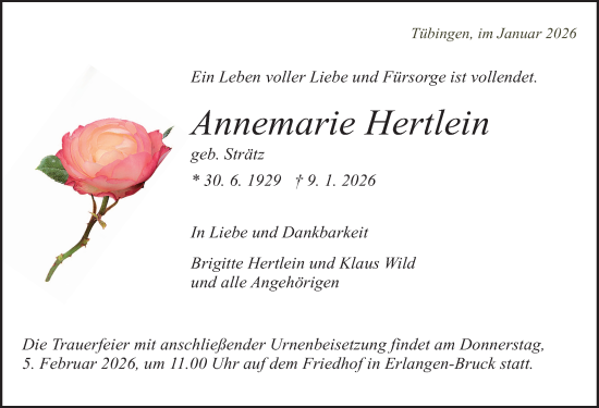 Traueranzeige von Annemarie Hertlein von Erlanger Nachrichten Lokal