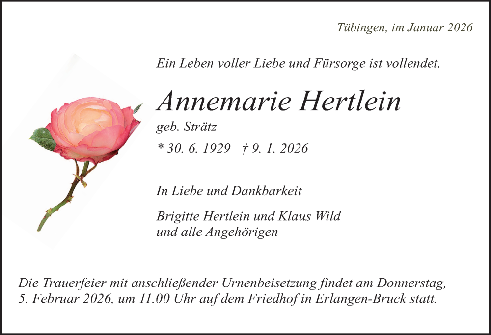  Traueranzeige für Annemarie Hertlein vom 24.01.2026 aus Erlanger Nachrichten Lokal