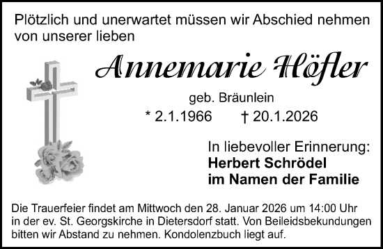 Traueranzeige von Annemarie Höfler von Gesamtausgabe Nürnberger Nachrichten/ Nürnberger Ztg.