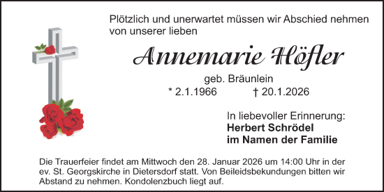Traueranzeige von Annemarie Höfler von Schwabacher Tagblatt Lokal