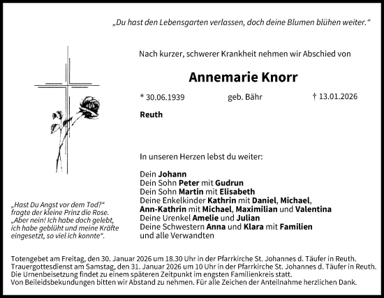 Traueranzeige von Annemarie Knorr von Nordbayerische Nachrichten Forchheim Lokal