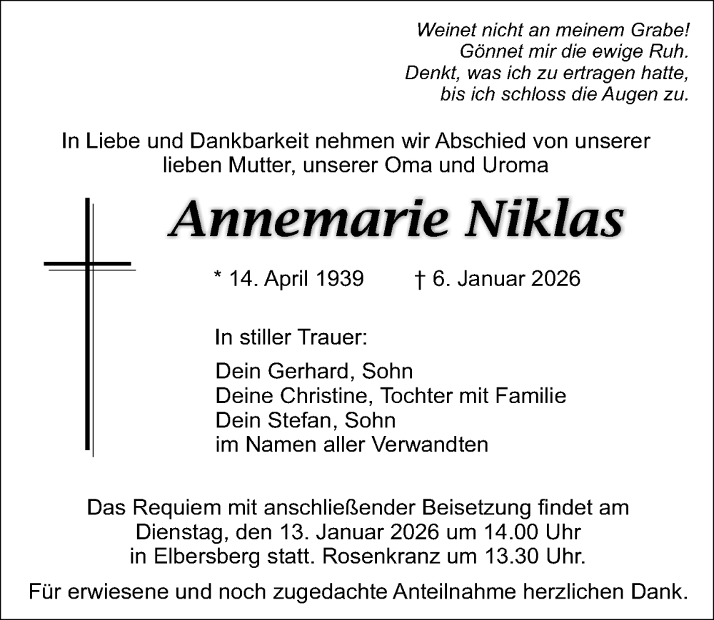  Traueranzeige für Annemarie Niklas vom 10.01.2026 aus Nordbayerische Nachrichten Pegnitz Lokal