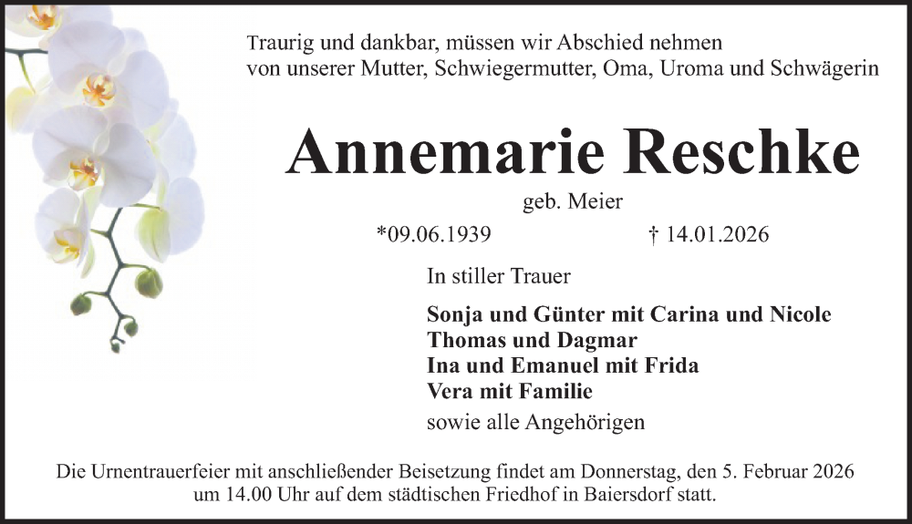  Traueranzeige für Annemarie Reschke vom 31.01.2026 aus Erlanger Nachrichten Lokal