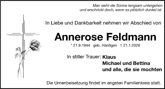 Traueranzeige von Annerose Feldmann von Fürther Nachrichten Lokal