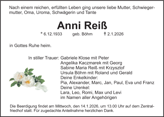 Traueranzeige von Anni Reiß von Erlanger Nachrichten Lokal