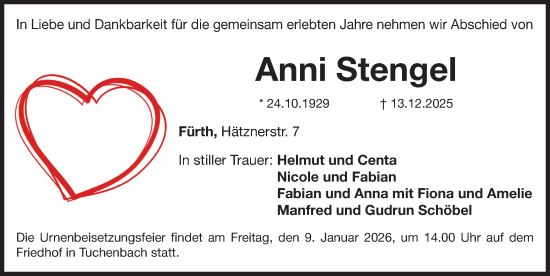 Traueranzeige von Anni Stengel von Fürther Nachrichten Lokal
