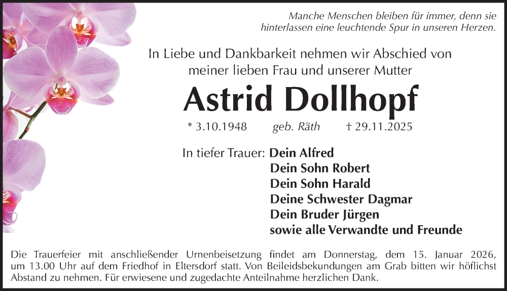  Traueranzeige für Astrid Dollhopf vom 10.01.2026 aus Erlanger Nachrichten Lokal
