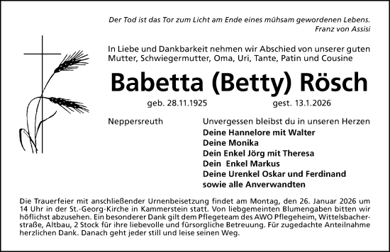 Traueranzeige von Babetta Rösch von Schwabacher Tagblatt Lokal