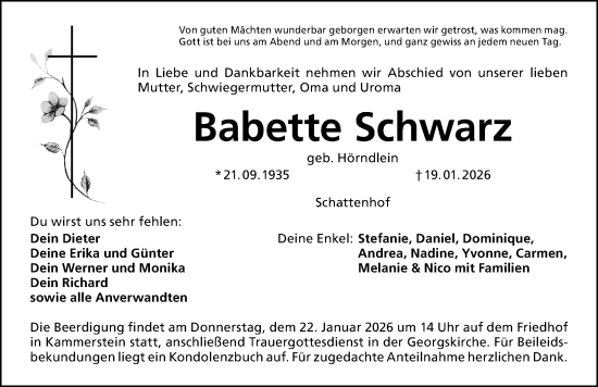 Traueranzeige von Babette Schwarz von Schwabacher Tagblatt Lokal