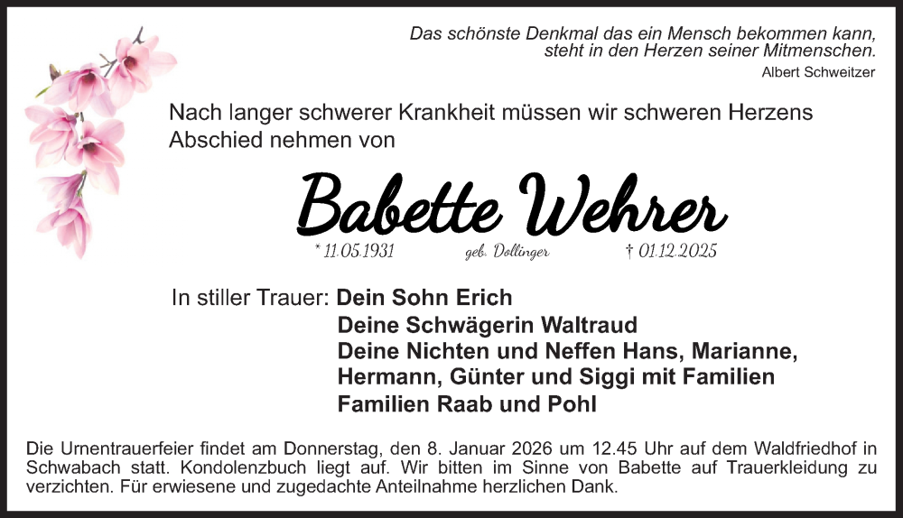 Traueranzeige für Babette Wehrer vom 03.01.2026 aus Schwabacher Tagblatt Lokal