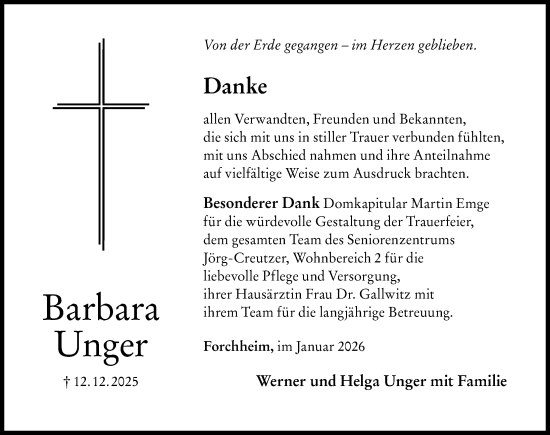 Traueranzeige von Barbara Unger von Nordbayerische Nachrichten Forchheim Lokal