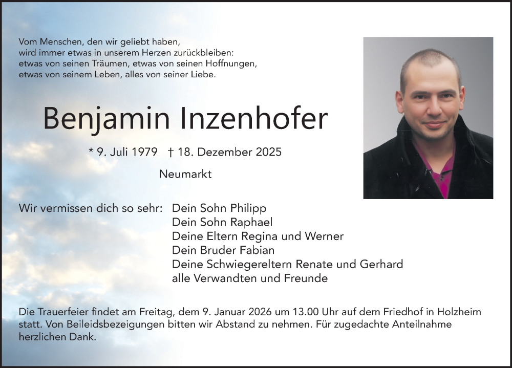  Traueranzeige für Benjamin Inzenhofer vom 07.01.2026 aus Neumarkter Nachrichten Lokal