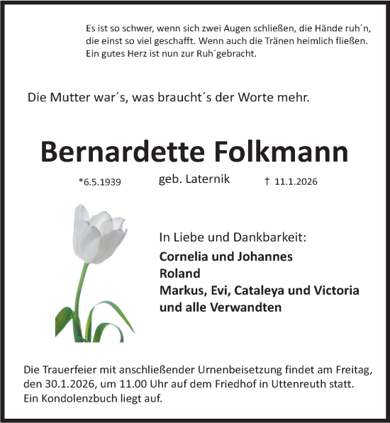 Traueranzeige von Bernardette Folkmann von Erlanger Nachrichten Lokal