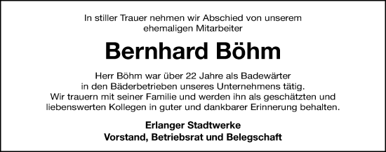 Traueranzeige von Bernhard Böhm von Erlanger Nachrichten Lokal