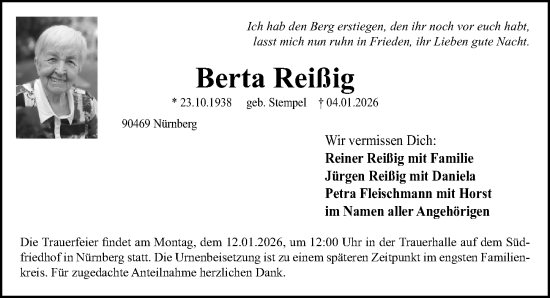 Traueranzeige von Berta Reißig von Gesamtausgabe Nürnberger Nachrichten/ Nürnberger Ztg.